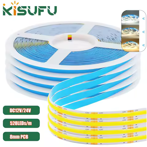 12V 24V COB LED Strip Light High Density 528LED/m 8mm PCB RA90 Flexible LED Strip 3000K 4500K 6000K Dimmable Linear Light 2/10M