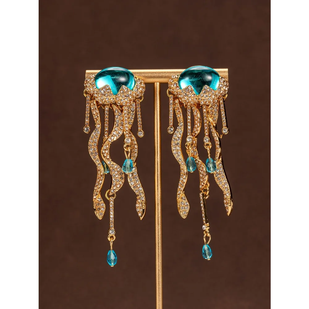 Medieval Vintage Jellyfish Shape Rhinestone Paved Tassel Earrings Palace Style Light Luxury Heavy Industry Temperament Earrings