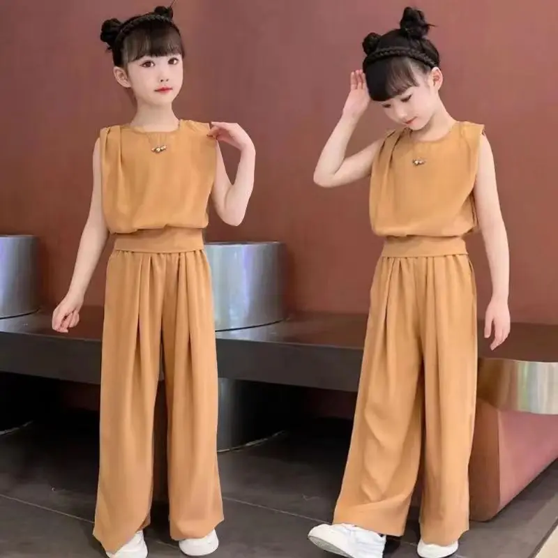 Summer 2024 Teen Girls Clothes Sets Children Sleeveless T-shirts + Wide Leg Pants 2PCS School Kids Clothing Suit 8 10 12 14 Year