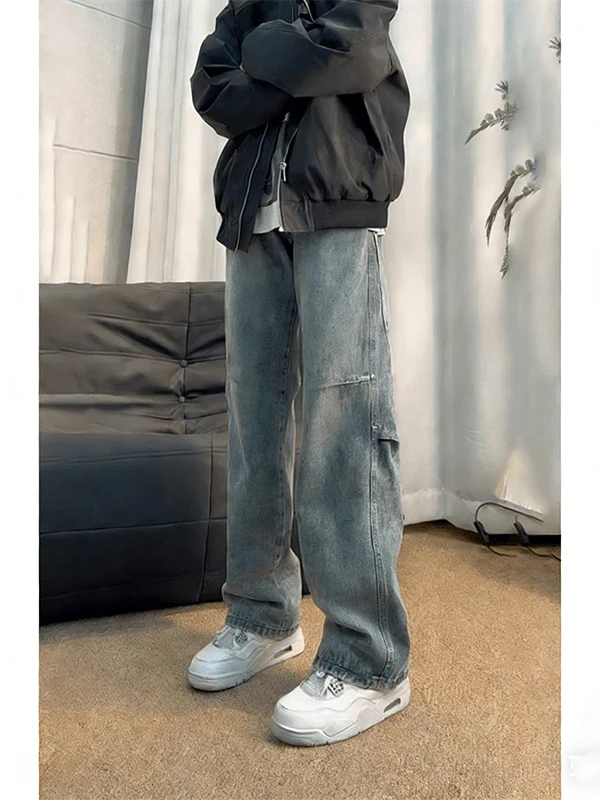 

Retro Blue Folded Knife Men's Jeans American Sle CleanFit High Street Rivet Pants Straight Leg Long Trousers