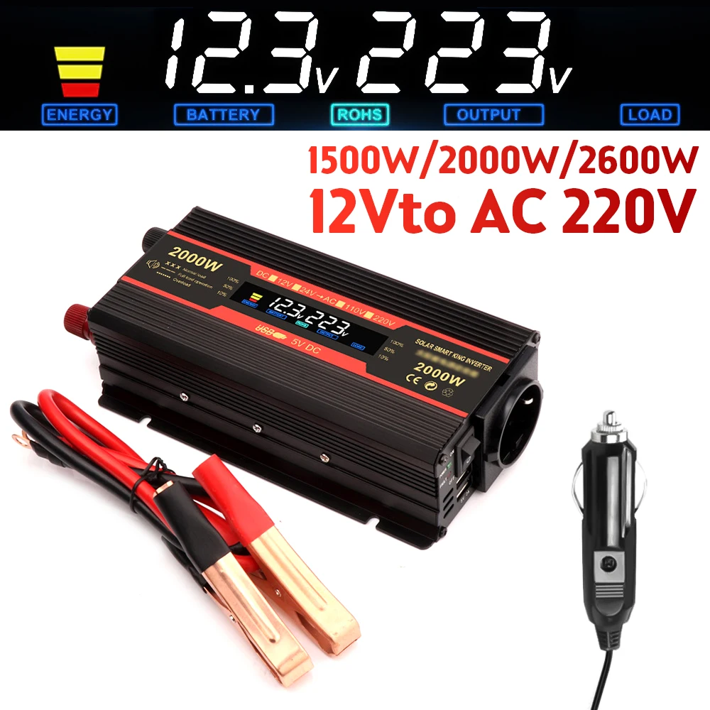 

1500W/2000W Modified Sine Wave Inverter DC12V to AC220V Dual USB Car Transformer Power Convert with Voltage Display EU Socket