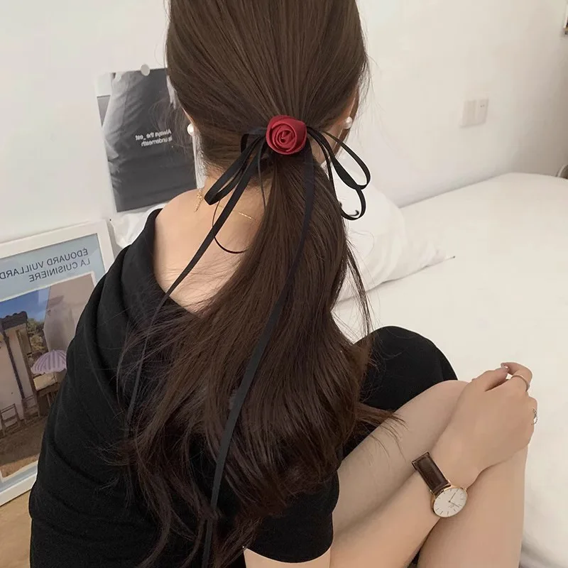 

Tweed Fabric Rose Elastic Hair Ring Satin Ribbon Floral Sweet Ponytail Holder for Women Premium Daily Elegant Pink