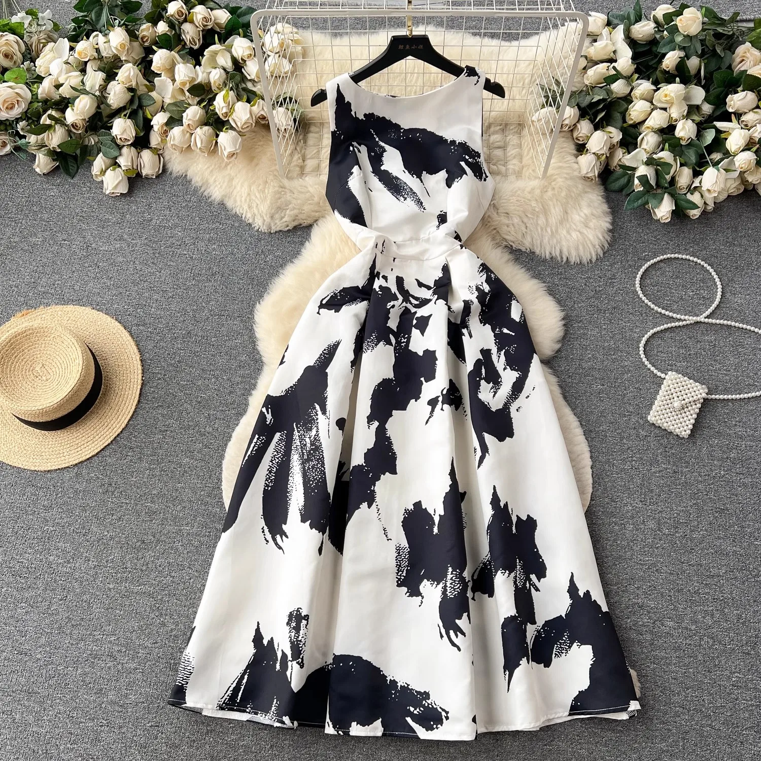Flower Print Women Vest Midi Dress Elegant Fashion O-Neck Summer Sleeveless Slim High Waist A-Line Party Runway Tank Vestidos