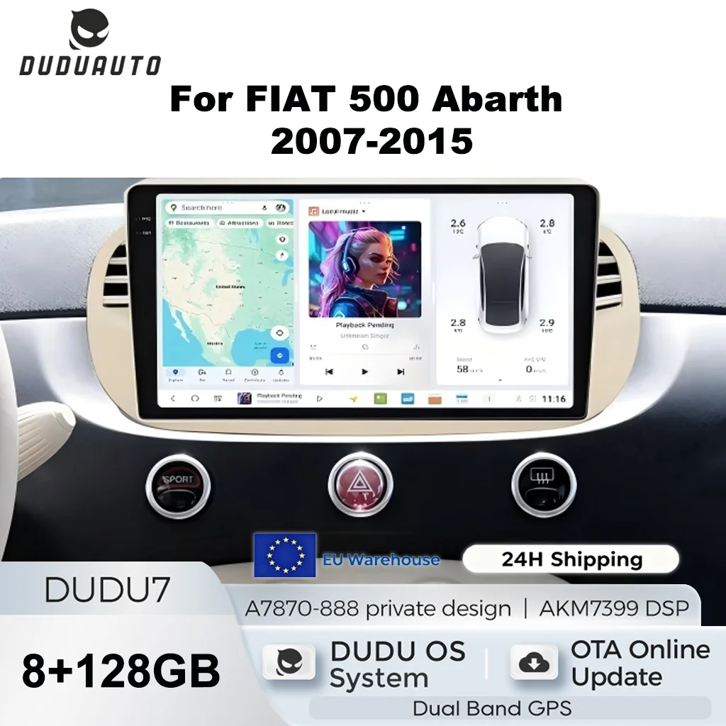 Système audio intelligent pour voiture MEKEDE EU Warehouse DUDU OS pour Fiat 500 AKM7399, autoradio DSP, lecteur multimédia, écran vidéo audio, CarPlay, navigation GPS double bande, autoradio 1 Din, stéréo BT, unité principale