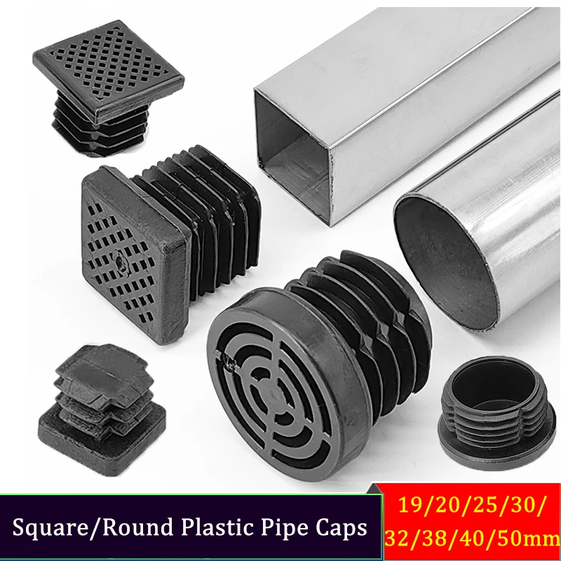 

10pc Square/Circle Black Plastic Plug Stainless Steel Pipe Head Furniture Table Chair Foot Pad Accessories 19*19mm-50mm