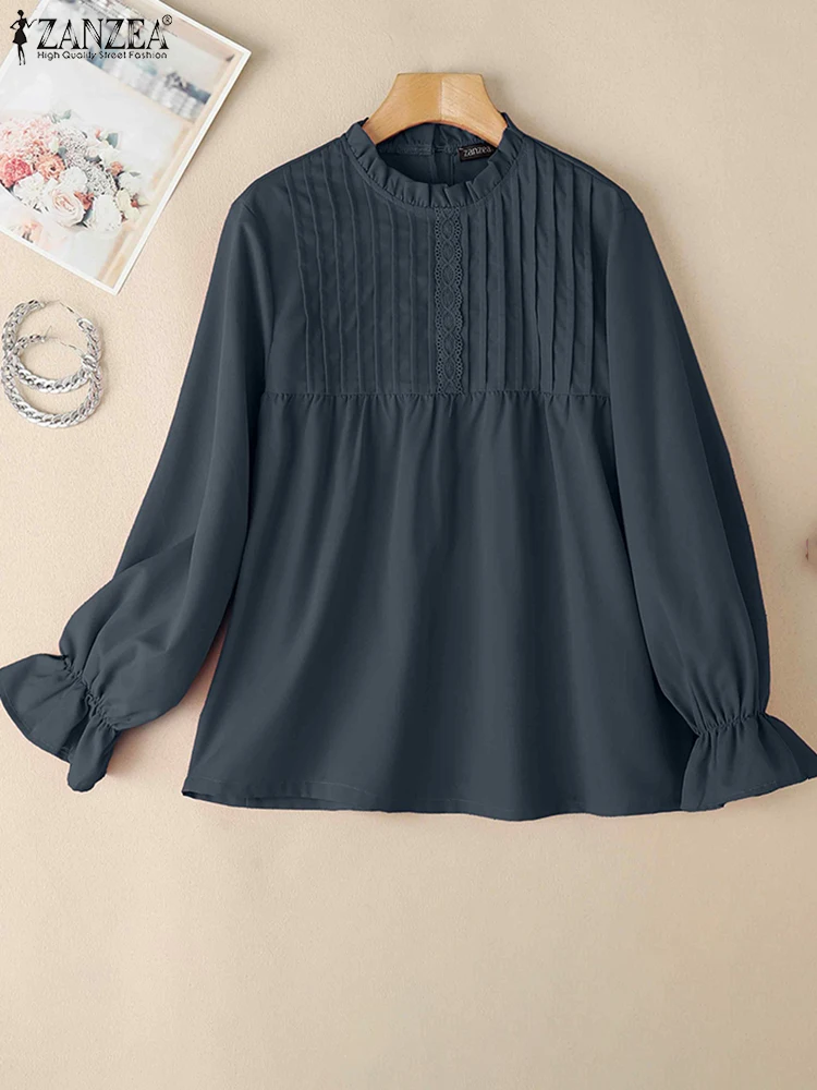 

Casual Long Sleeve Work Blouses ZANZEA Spring Office Work Shirts Women Fashion Lace Patchwork Tops Casual Loose Holiday Blusas