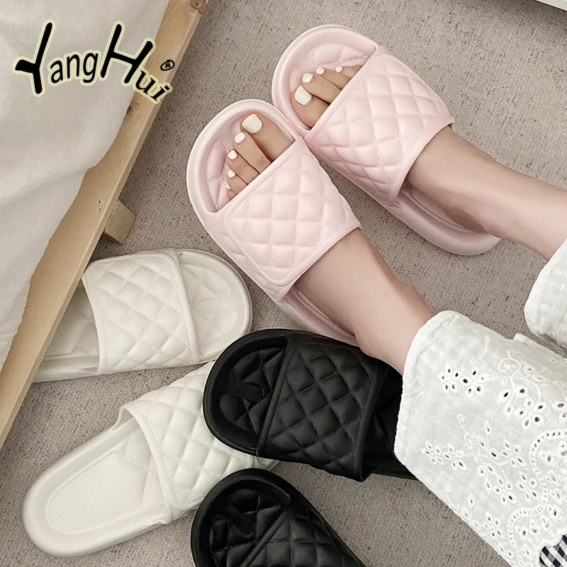 Sandal kamar mandi wanita, sandal kamar mandi Anti selip, warna Solid ringkas, sandal wanita 2023, sandal lembut sol tebal, desain kisi persegi, gaya Korea