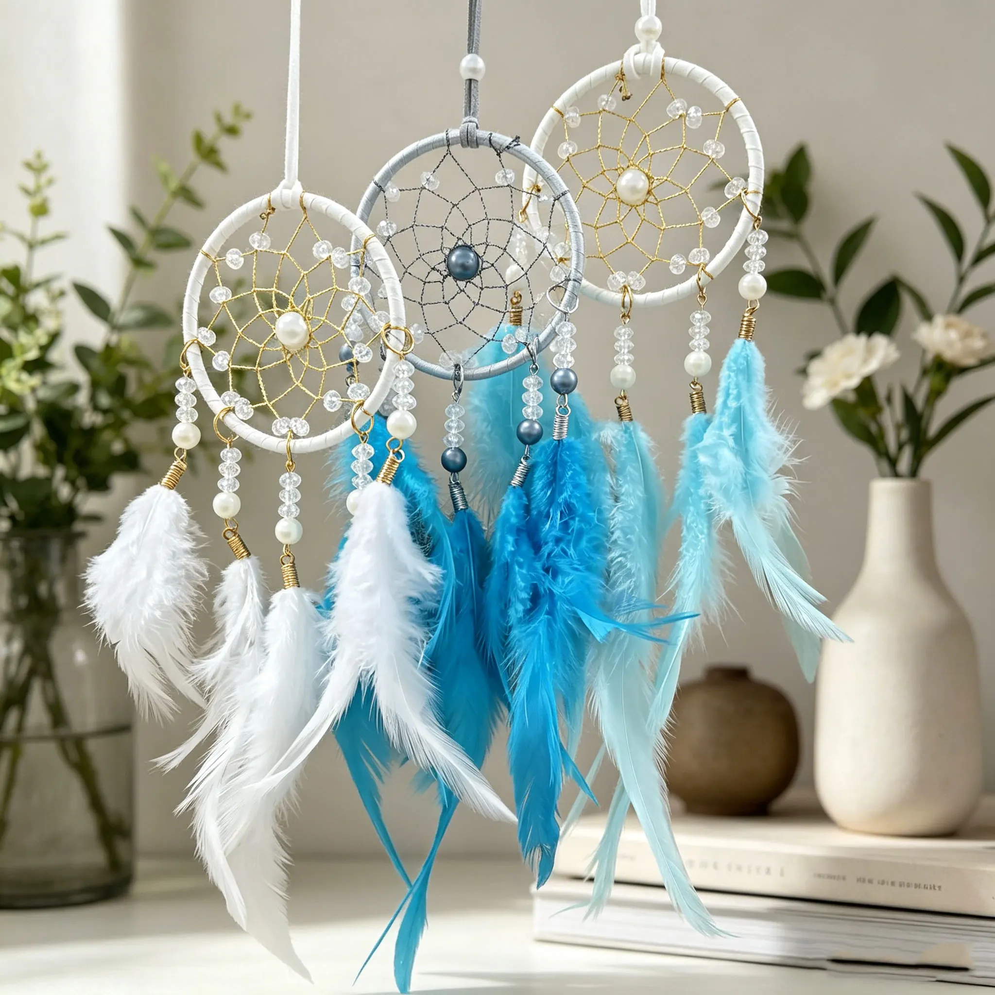 Bohemian 2Pcs Small Dream Catcher Set Golden Web Bead Gradient Feather Craft for Car Hanging Bedroom Nursery Wall Decor Gift