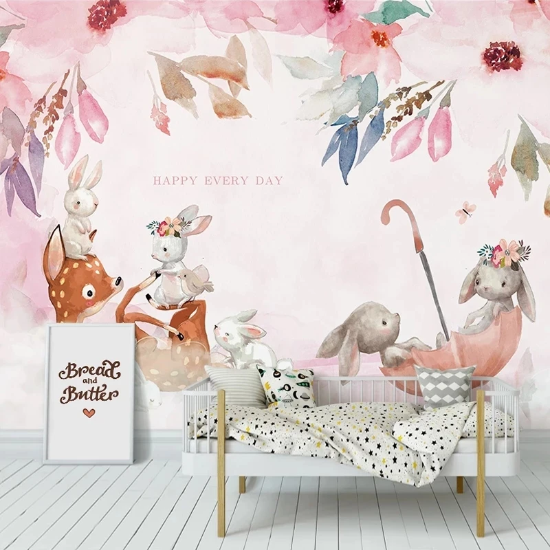 

Customized Hand Painted Pink Elk Rabbit Children Room Animal Cartoon Pastoral Mural Wallpaper bedroom Living room TV background