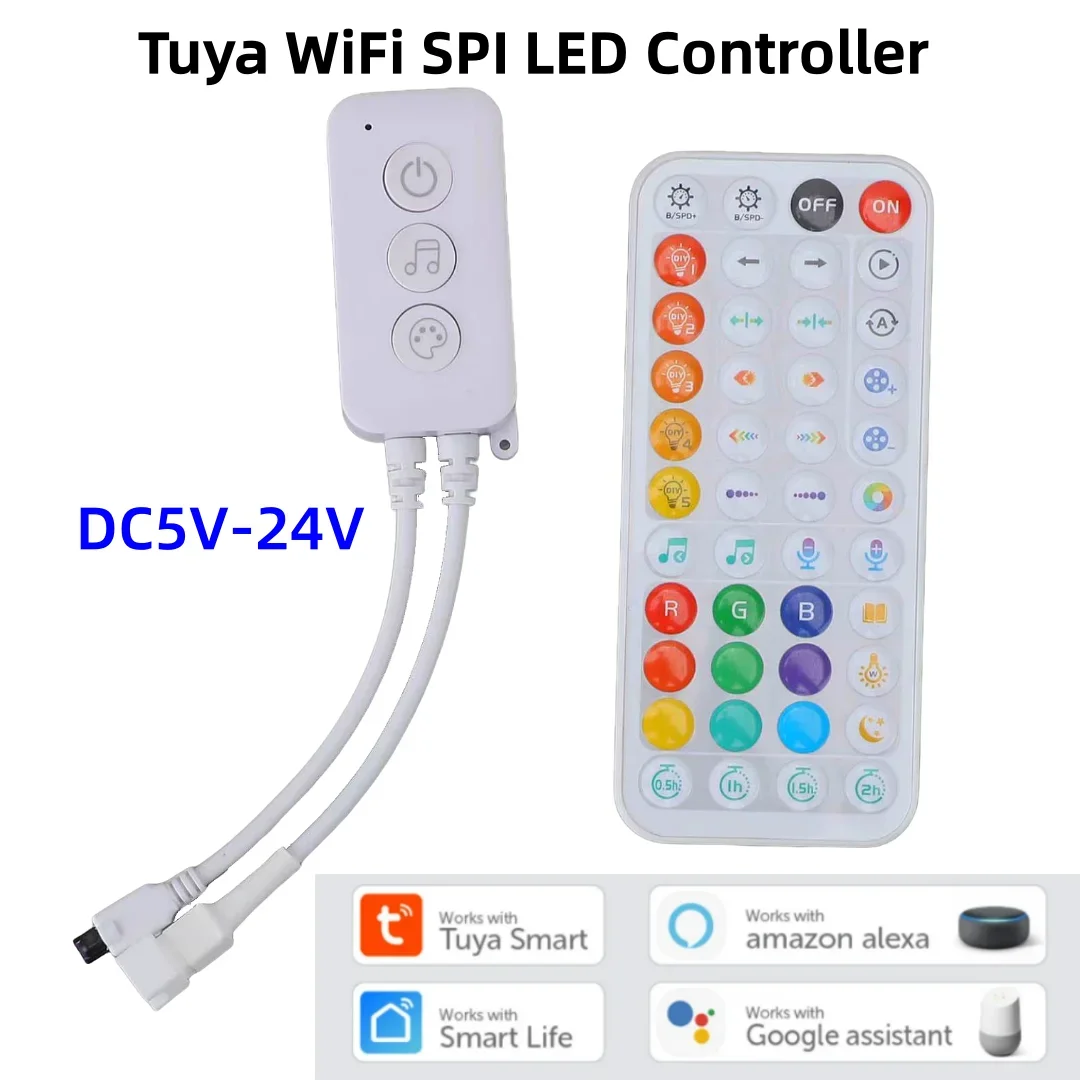 DC5V-24V Tuya WiFi SPI LED Controller with IR44 Keys Remote Bluetooth Music Cntroller for WS2811 WS2812 FCOB RGB IC Strip Light