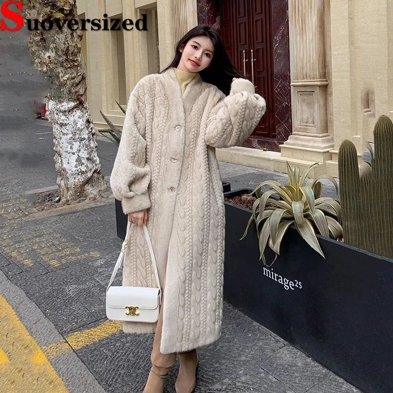 Korean Faux Rabbit Furs Long Coats Autumn Winter Warm Womens Jackets Thick Plush Elegant Chaquetas Fashion V Neck Loose Manteau