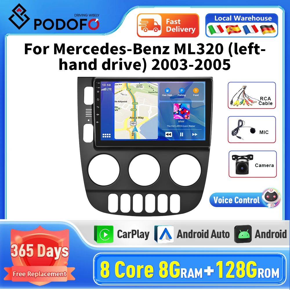 Podofo Android Car Radio Multimedia Player GPS Navigation For Mercedes-Benz ML320 Carplay Car Stereo 2Din No DVD Head Unit