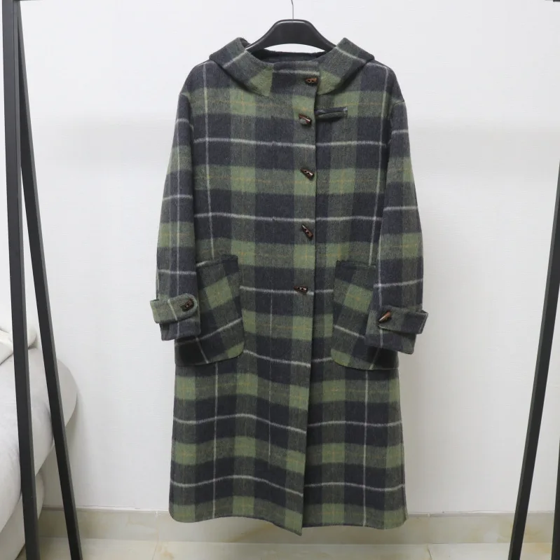 

Women's Autumn Winter Wool Hooded Long Sleeve Horn Button Loose Long Coat Lady Streetwear Thick Warm Pockets Plaid Wool Outwear