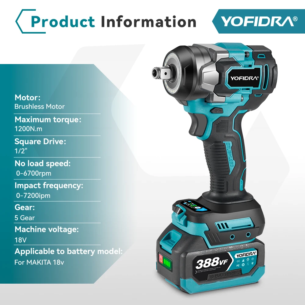 YOFIDRA 1200N.m Brushless Electric Impact Wrench 5 Gears 1/2'' Cordless Screwdriver Car Repair Power Tool For Makita 18V Battery