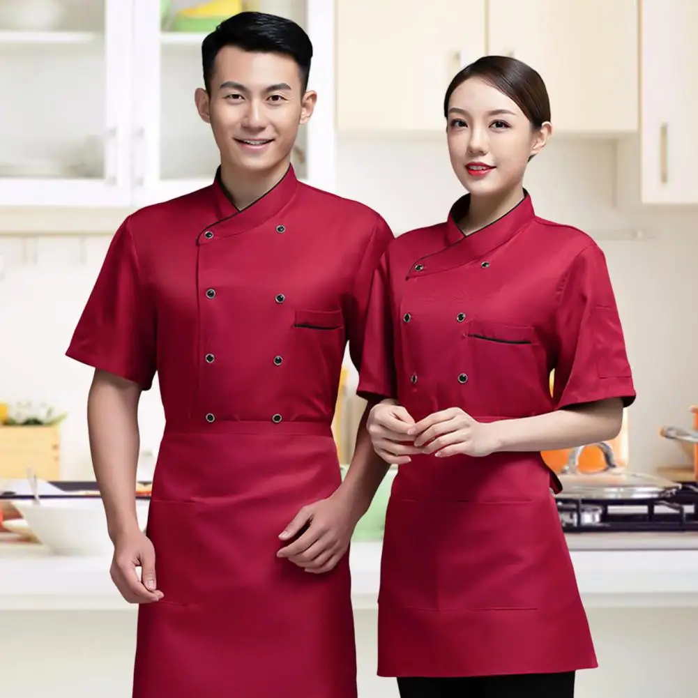 Chef-Kok Uniform Opstaande Kraag Met Korte Mouwen Effen Kleur Patch Zak Werkkleding Double-Breasted Bakker Kleding Foodservice