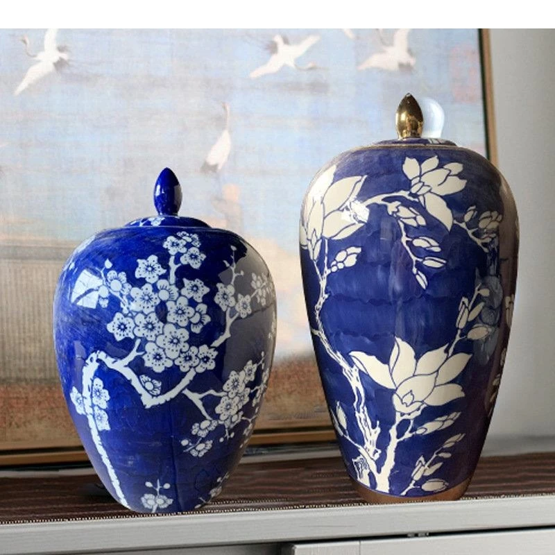 Gold-plated Blue and White Porcelain Storage Jar Ginger Jars Ceramic Vase Desktop Flower Pattern Jewelry Cosmetic Container