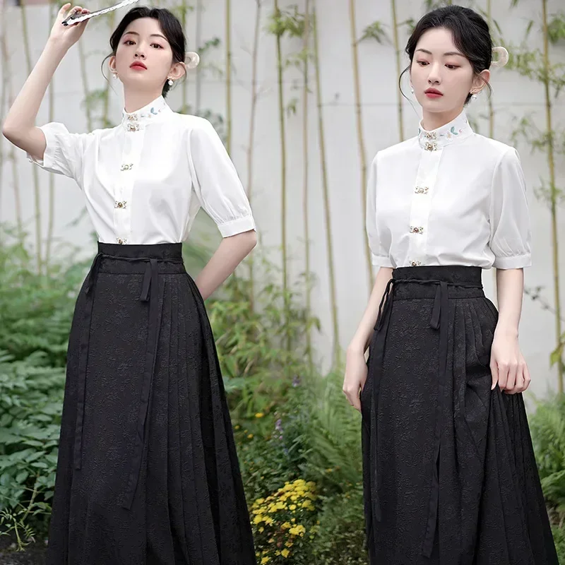 Woman Ming Dynasty Hanfu Horse Face Skirt Chinese Traditional Hanfu Costume Stand Collar Vintage Pleats Skirt Black