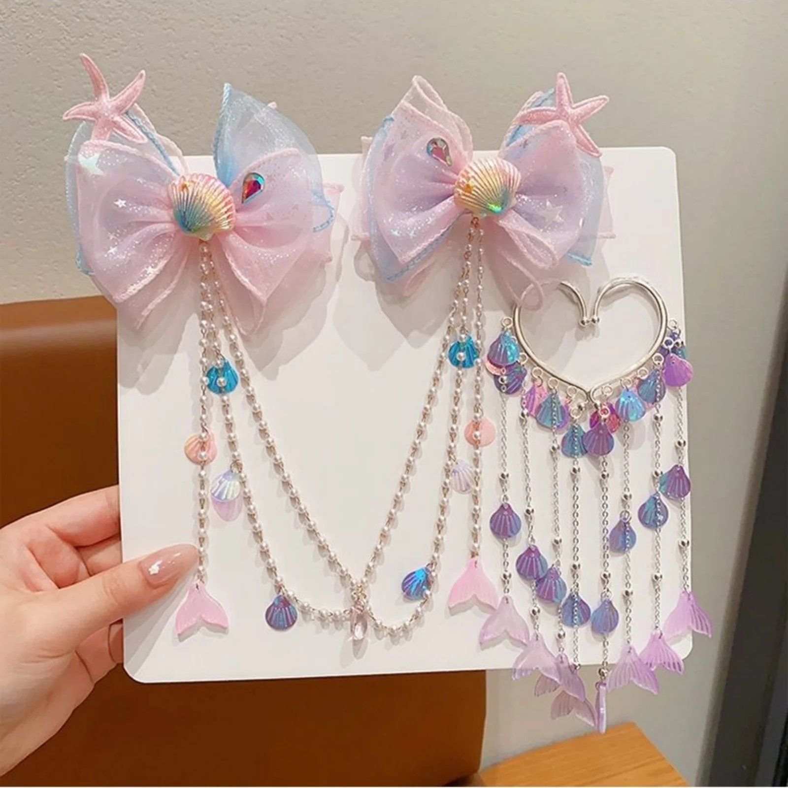 2/4 Stück Meerjungfrauen-Stirnkette mit Quasten, Muschel-Ohrschmuck, niedliche Prinzessinnen-Haaraccessoires für kleine Mädchen, Party- und Alltagsdekoration – Detail 3