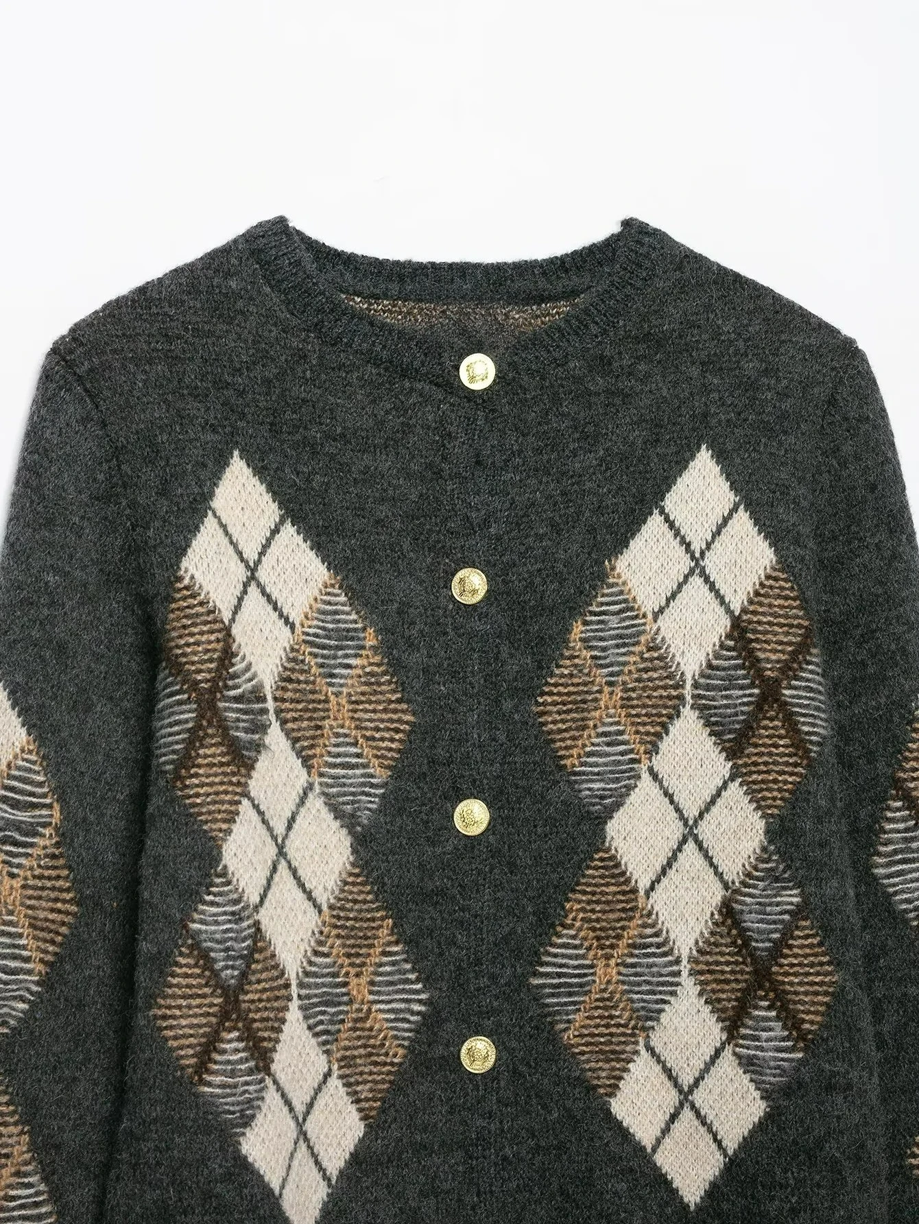 KONDALA Women Fall Casual Rhombus Knitted Cardigan Elegant Vintage Buttons O-Neck Tops 2026 Autumn Trendy Commute Chic Cardigan