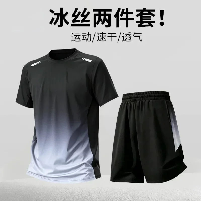 Sports suit men's short-sleeved silk t-shirt for summer, new style, suitable for badminton, running, fitness training, shorts