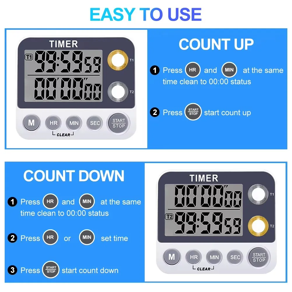 Digital Dual Kitchen Timer, Cooking Timer, Magnetic Timer, Adjustable Alarm Volume Count Up/Countdown Timer（Battery Included)