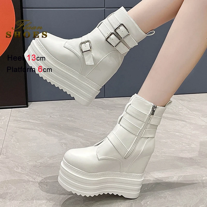 

2025 модные короткие ботинки, непромокаемые ботинки на толстой платформе, женская обувь, увеличивающая рост, кожаные женские ботильоны с пряжкой и боковой молнией