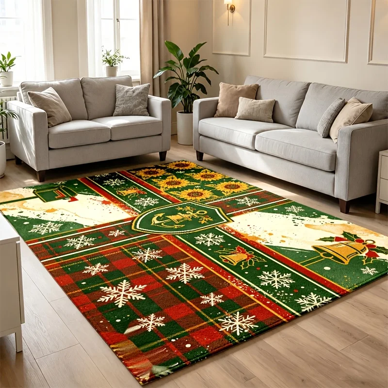 Large 2D Flat Christmas Snowflake Buffalo Check Rug, Soft Comfortable Retro Festive Decor for Living Room