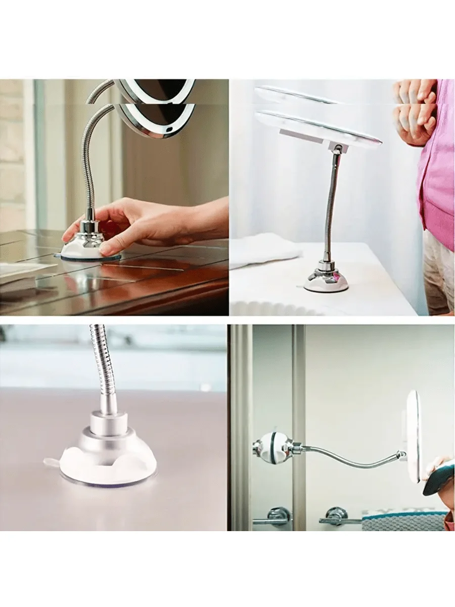 Flexibler 10-fach vergrößerter Make-up-Spiegel mit LED-Beleuchtung, Saugnapf mit Tageslicht- und Graddrehfunktion, tragbar für