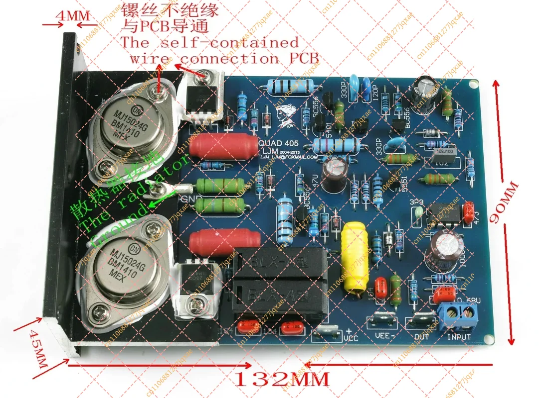 Dual Channel Power Amplifier Board with Angled Aluminum Heatsink, Compatible with MJ15024 Transistors