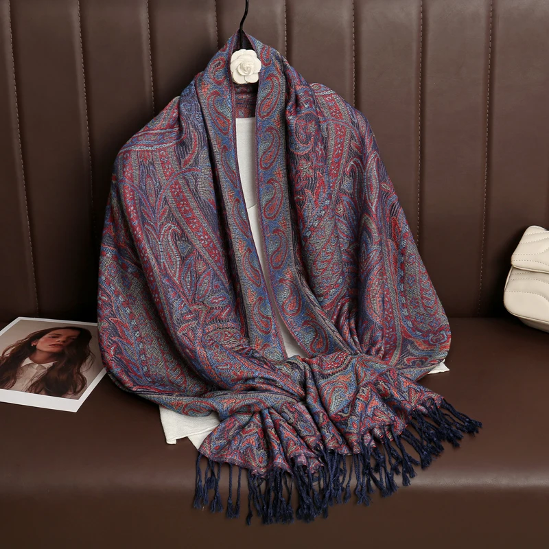 70*190cm Winter Warm Thick Ethnic Style Jacquard Scarf Outdoor Women Travel Foulard Cashmere Tassel Shawl Wrap Pashmina Luxury