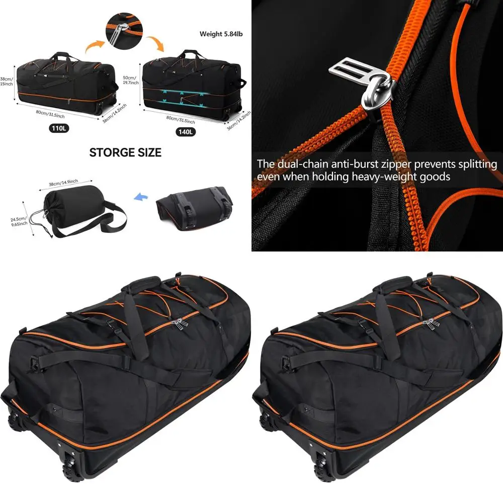 

Expandable 110L-140L Foldable Duffle Bag with 2 Wheels, 32 Rolling Carry-On, Multi-Pockets, Black Orange