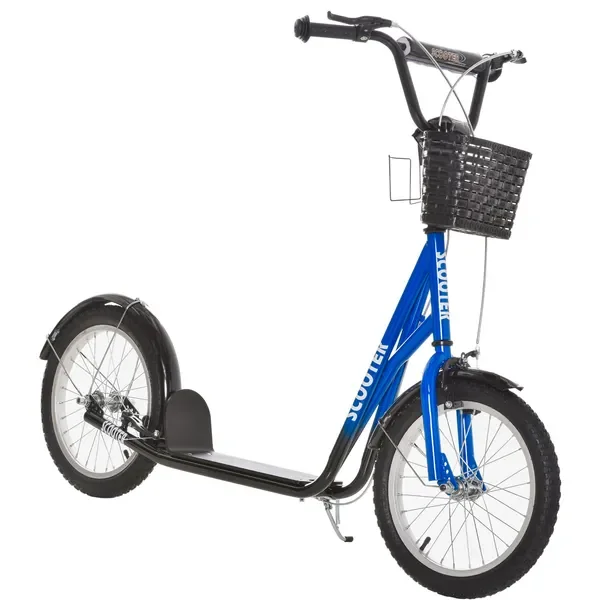 

Blue Kick Scooter with Dual Brakes, 16' Wheels, Basket & Cup Holder