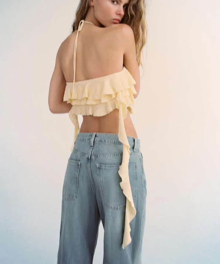 Top corto ort Sve para mujer, diseño Irregular, dobladillo con volantes, chaleco de línea Ne colgante, fibra de poliéster, corte ajustado, novedad de verano