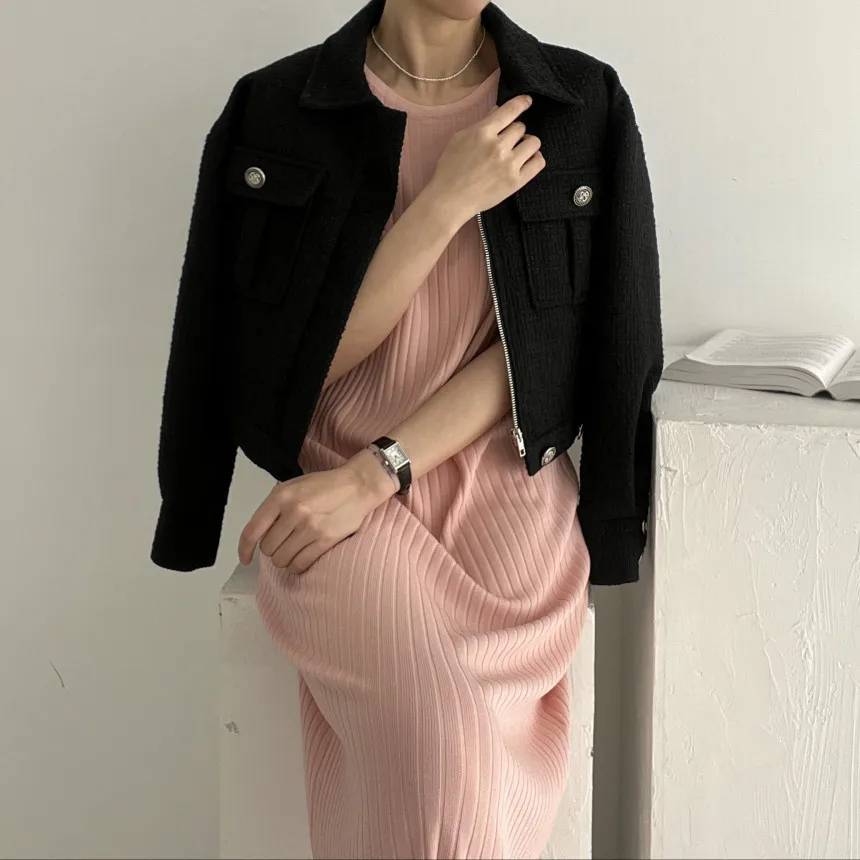 Autumn Temperament Fragrant Loose Turn Collar Long Sleeved Zipper Coarse Woolen Coat Women's Jacket