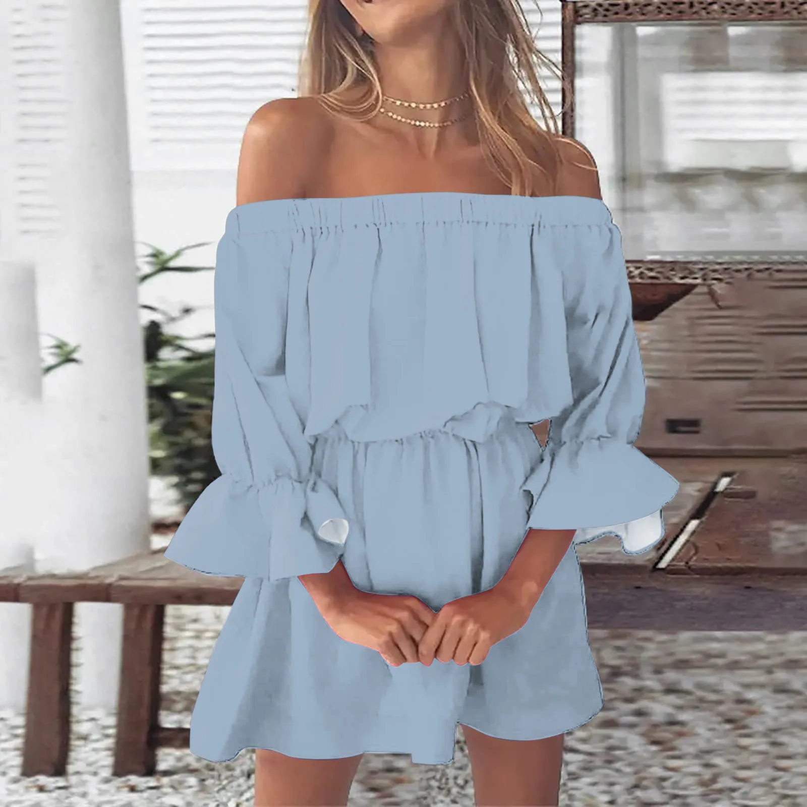 

Summer Dresses Women 2024 Sexy Off Shoulder Ruffle Sleeve Tunic Mini Dresses Casual Loose Beach Daily Vacation Sundresses