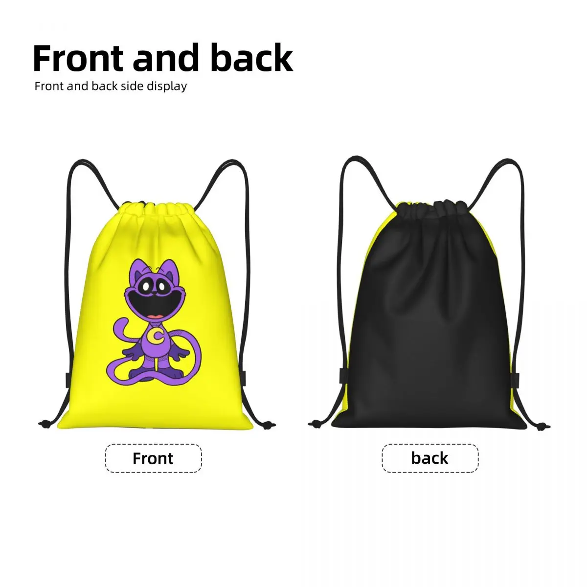 Custom Purple Smiling Big Mouth Cat Critters Drawstring Bag Women Lightweight Scarry Animated Game Sports Gym Storage Backpack