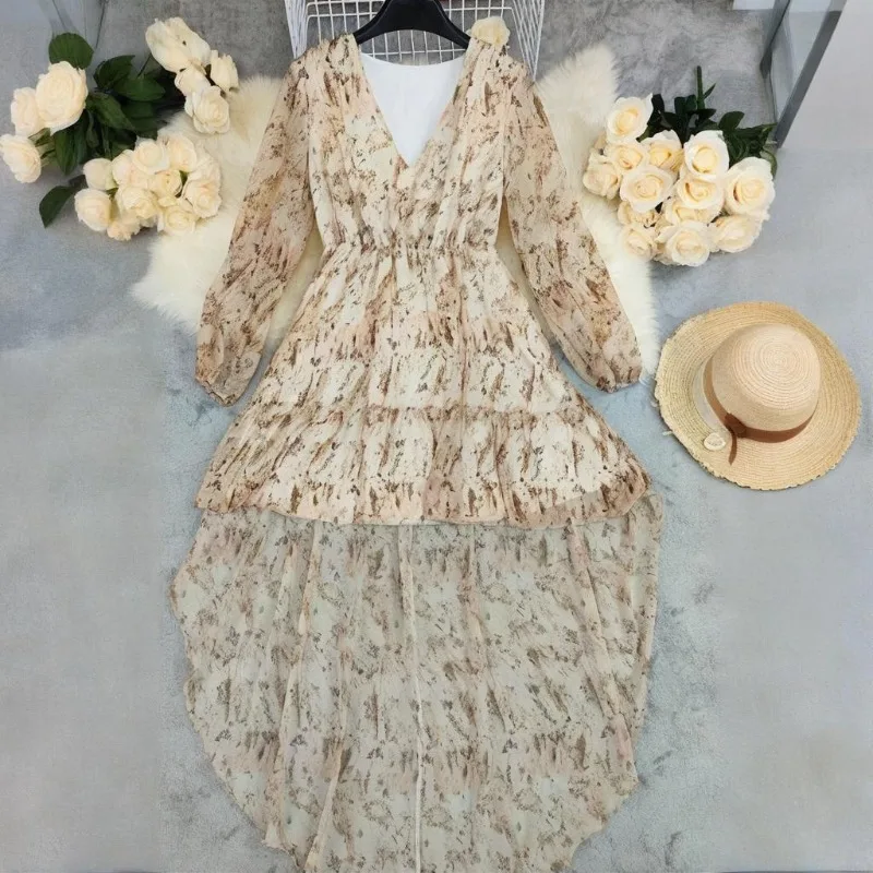 Sukienki damskie w stylu boho z nadrukiem, francuska moda koszulowa, sukienki letnie w kształcie litery A z dekoltem w serek, dopasowane w talii, codzienne ubrania, sukienki damskie z długim rękawem.