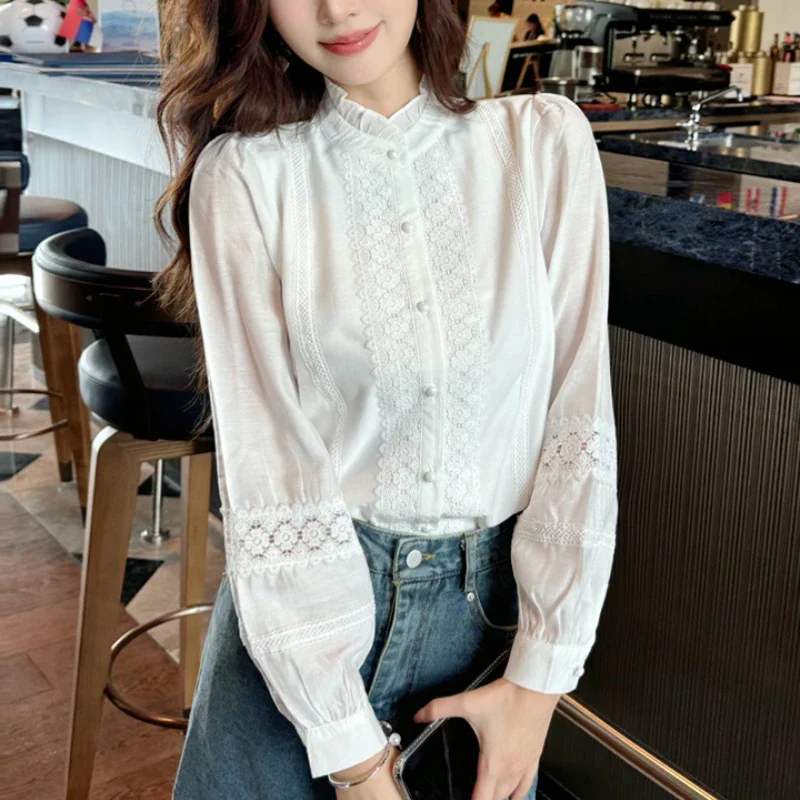 Autumn Women Long Sleeved Stand Collar Lantern Sleeve Solid Color Hollow Lace Women Tops Shirts & Blouses Blusas Para Mujer B762