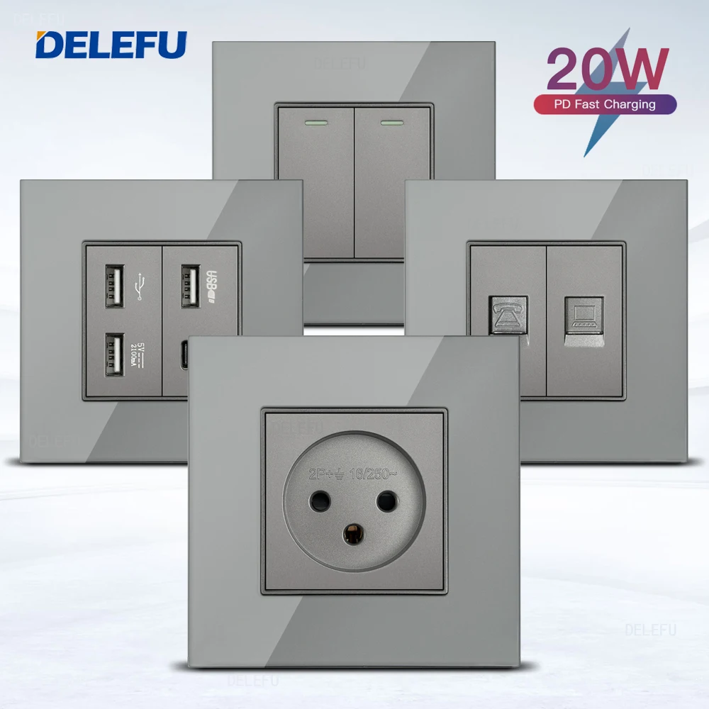 

DELEFU Glass A18 Panel 86mm Grey Israeli Standard USB C-type Fast Charging Wall Socket Switch TV Phone CAT5 CAT6