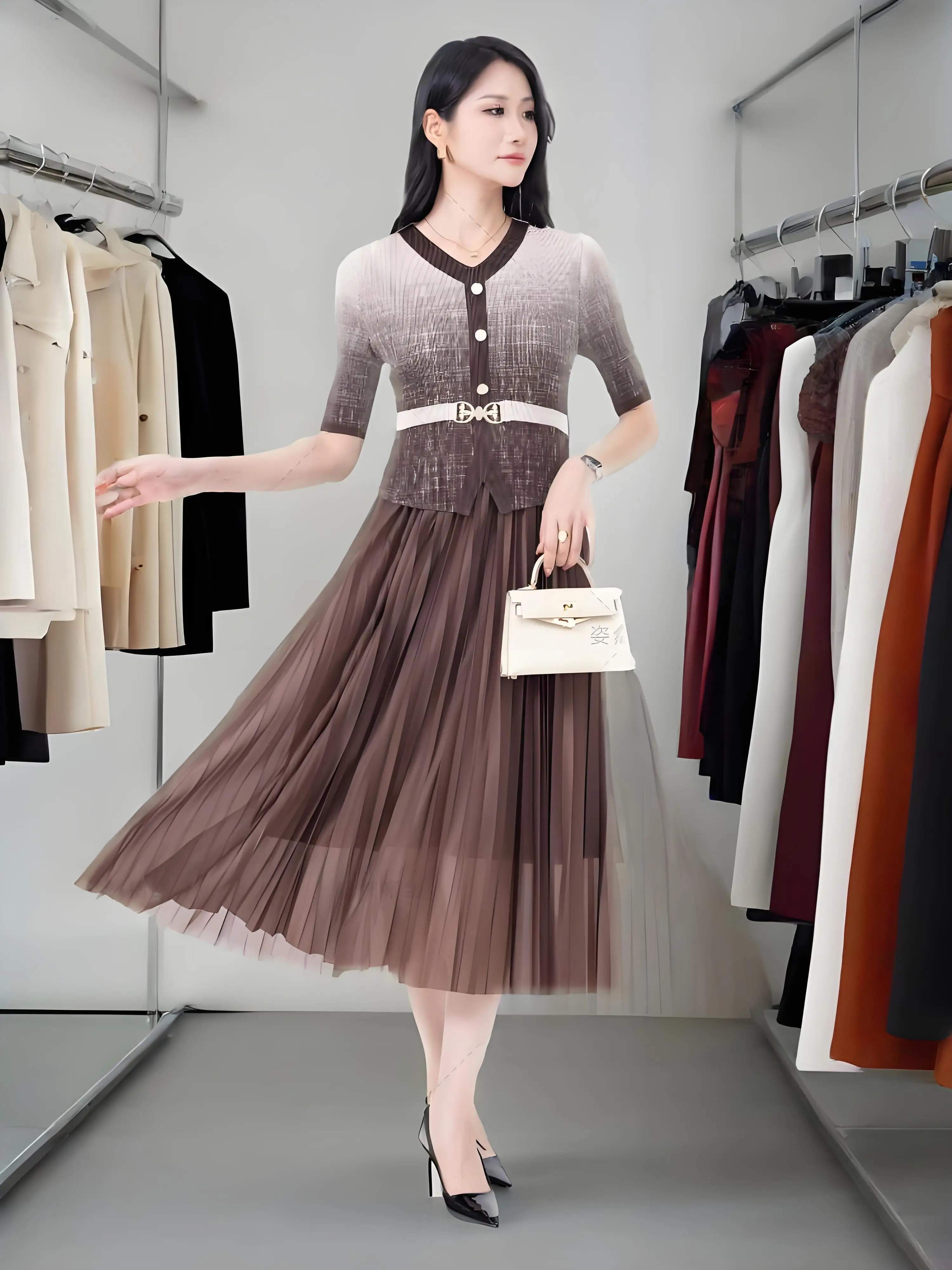 

Miyake 2025 New Spring Large Size Women's Clothing Gradual Change Dress Pleated Fake Two Short-sleeved Pleated Long Dress