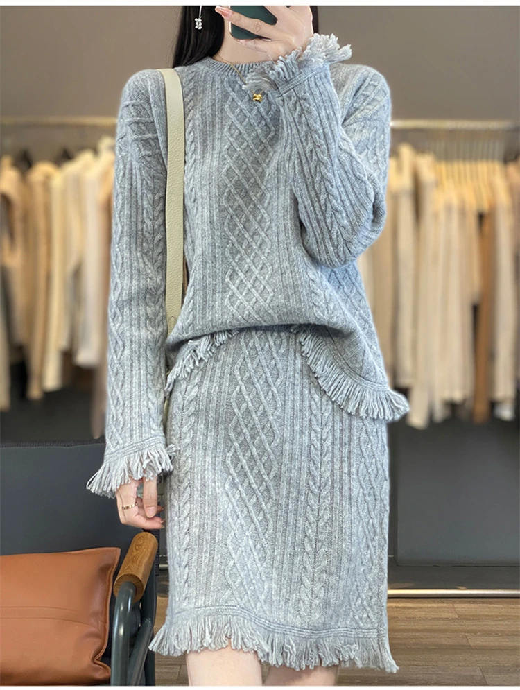 new autumn winter Fashion brand female women girls wool warm Sweater skirt sets suits clothing