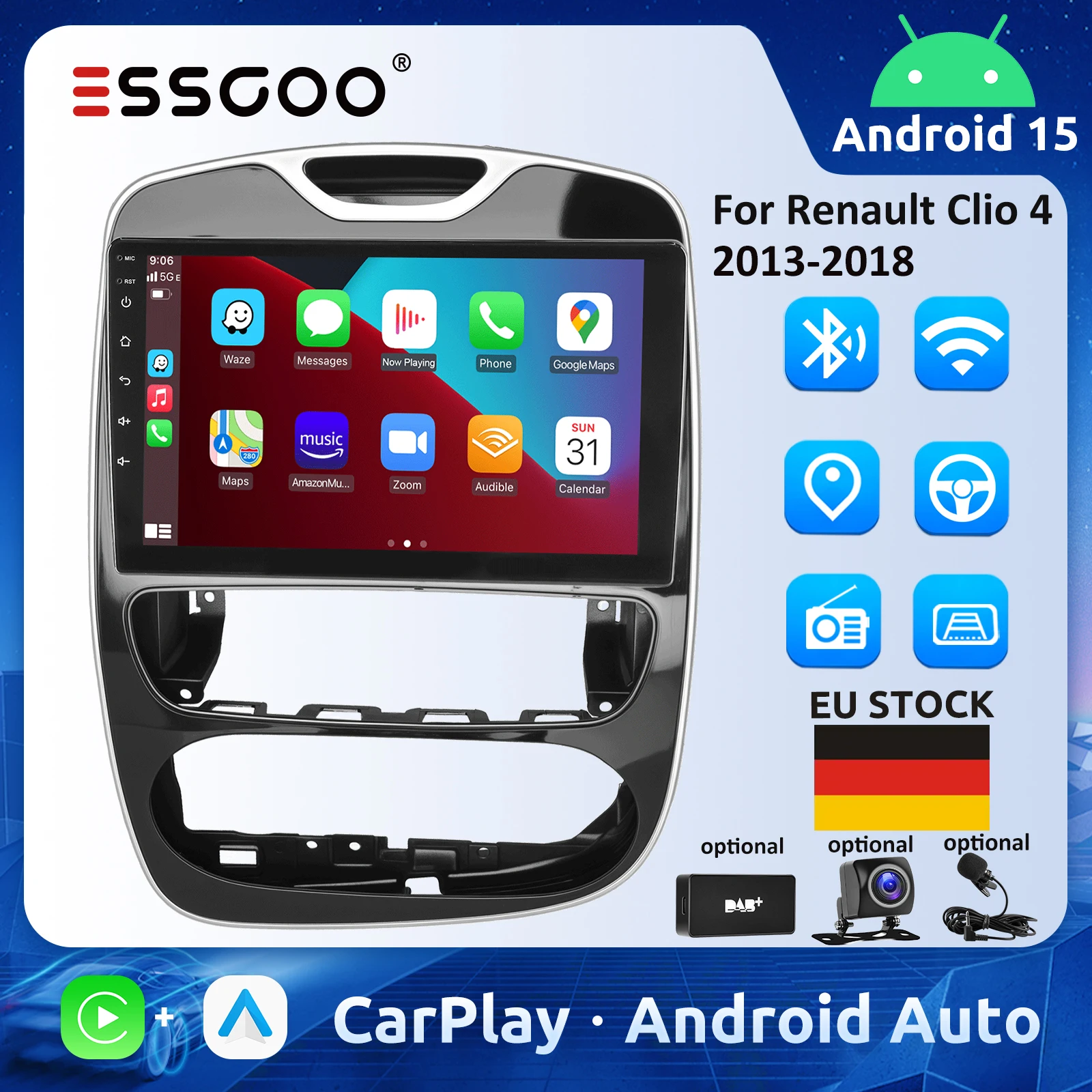 ESSGOO 10' Autoradio für Renault Clio 4 2013-2018 Android Auto CarPlay Autoradio 4GB 64GB GPS RDS Automotive Multimedia Player
