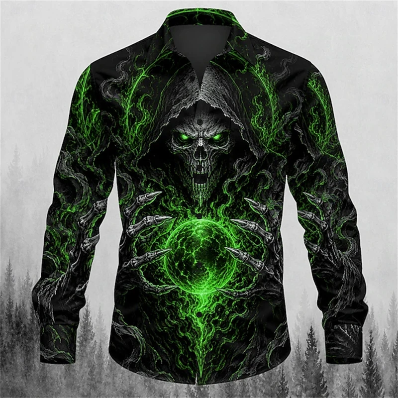 Men Turn‑Down Collar Long Sleeve Button‑Up Shirt Grim Reaper Skull Magic Orb Print Gothic Party Street Top