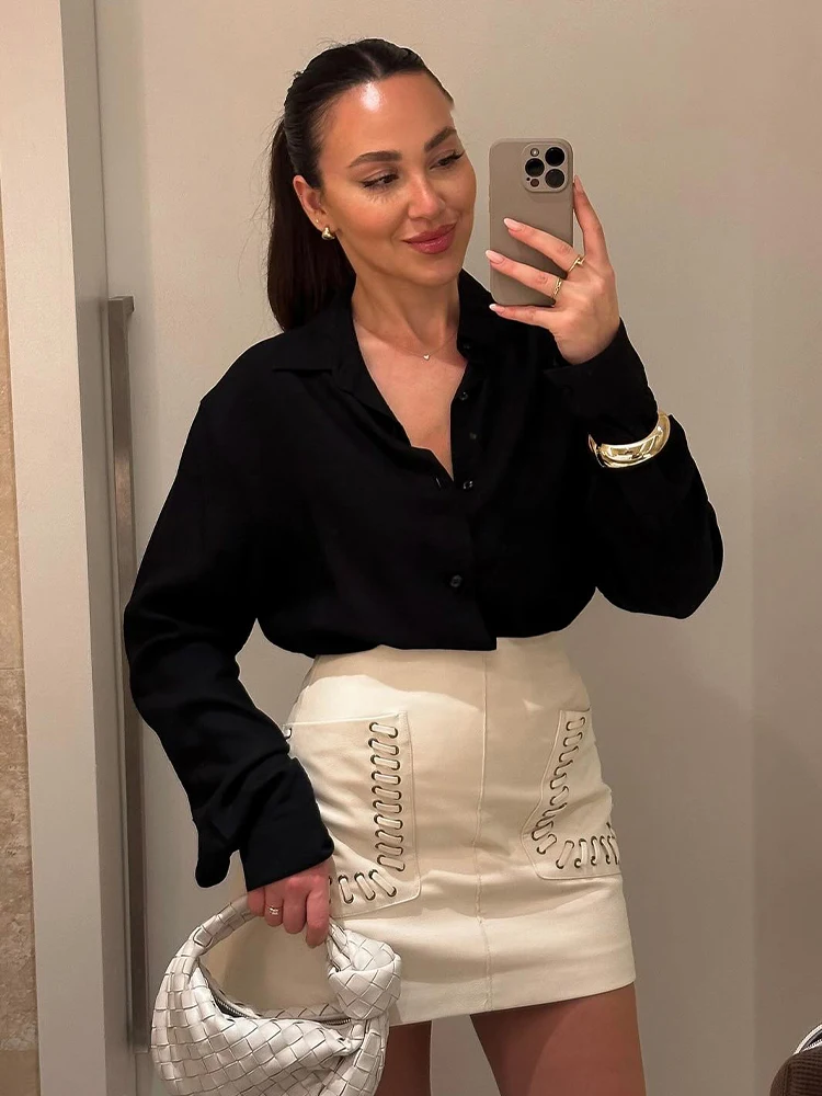 HH2025 Dames Zomer Chic Solid Pocket Versieren Casual A-lijn Minirok Vrouwelijke Hoge Taille Rits Achter Slanke Korte Rok