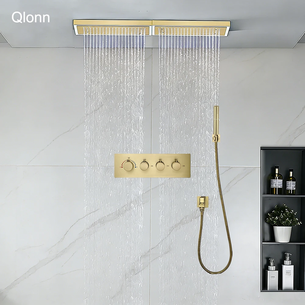 

Qlonn Brushed Gold Smart Bathroom Showers Set 800*200mm LED lighting Embedded Ceiling Shower Head Thermostatic Valve 3 Functions