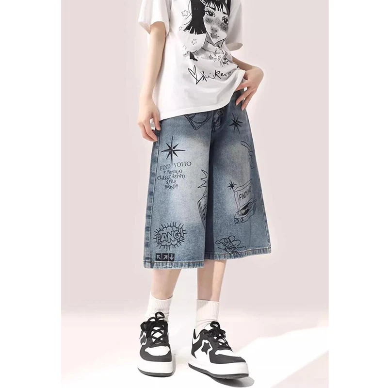 Graffiti Mid-length Denim Shorts Women Summer American Vintage Loose Straight Wide-leg Versatile Jeans Female