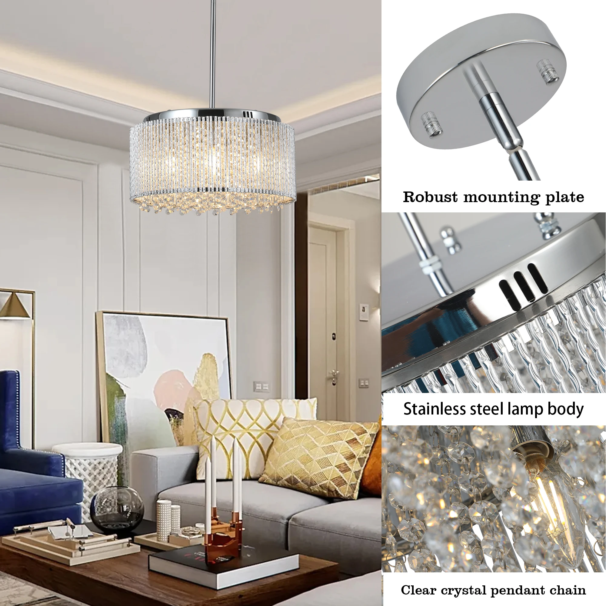 Luxury Crystal Chandelier, Clear K9 Crystals Modern Pendant Lighting for Living Room, Dining Room, Foyer, and Bedroom