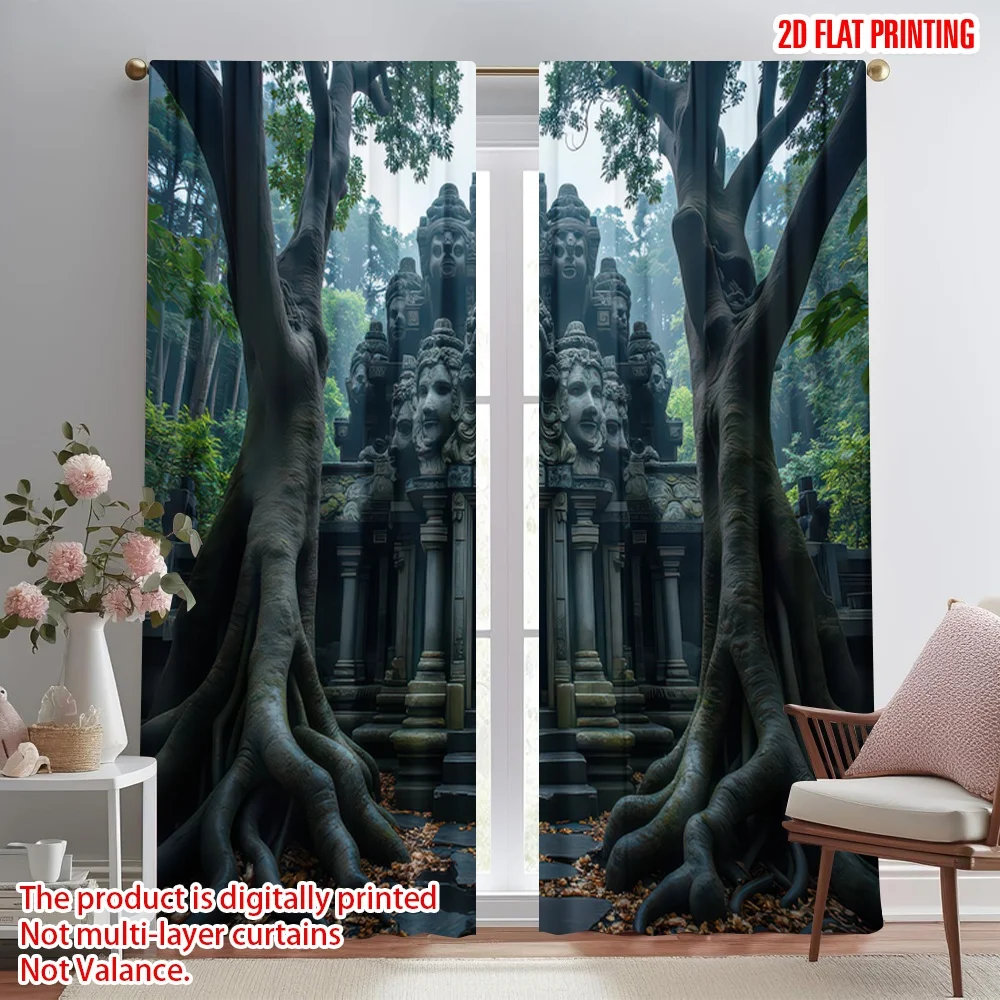 

2D flat printing 2pcs Party Curtain Ancient Temple in Jungle Digital Printed Polyester Drapes Festive Curtains for Indoor