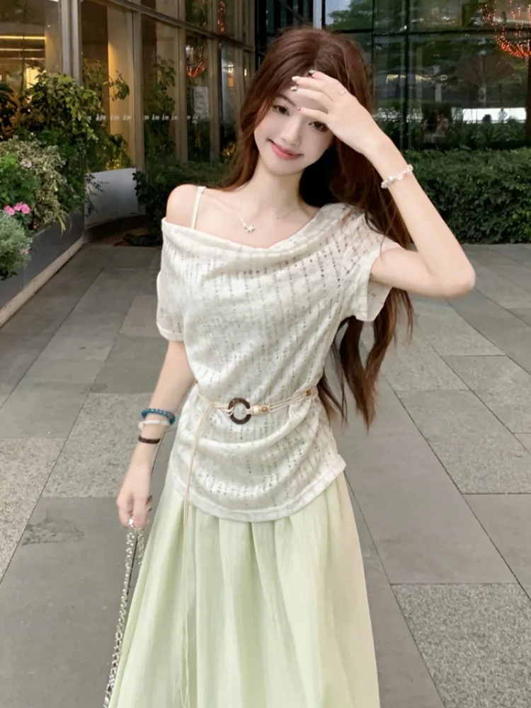 

Lace Top Strap Dress Shoulder Bared Green Short Sleeve Women's Waist Belt Design Sense Swing Collar Top Korean Style Commute