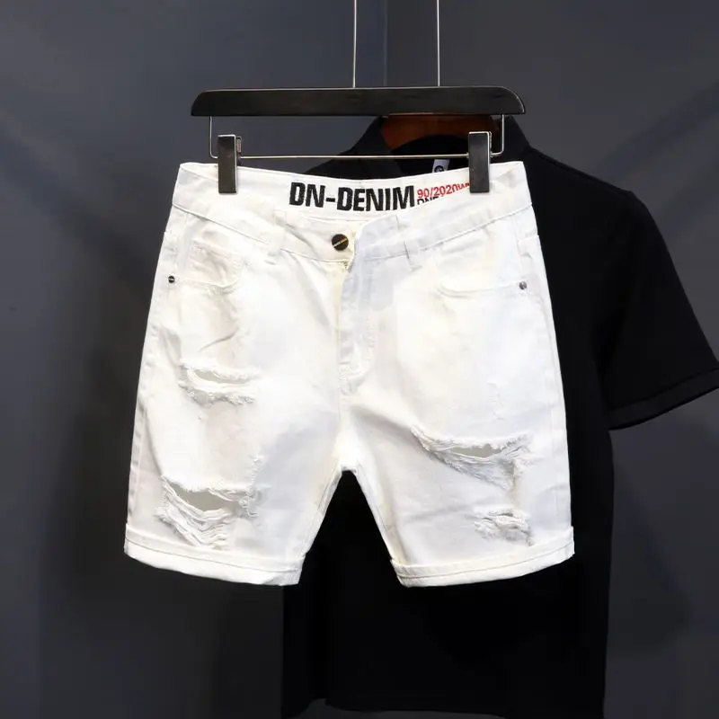 Summer New White Denim Shorts Men's Trendy Brand  Ripped Cat Whisker Five-point Pants Slim-fitting Designer Medium Half Pants